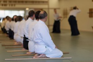 Students sitting in seiza on the mat watching an instructor demonstrate a technique. 